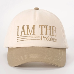 Two-tone baseball cap in cream and khaki with gold IAM THE Problem embroidery