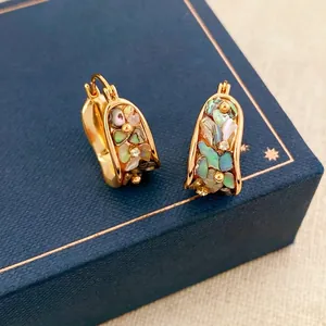 Vintage gold plated U-shaped earrings with abalone shell and zircon stones