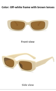 Macro view of retro cream beige rectangular kids sunglasses with dark brown lenses