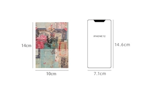 Vintage scrapbooking paper measuring 14cm x 10cm compared to an iPhone 12 size reference