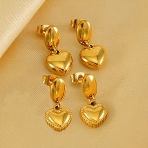 Heart Drop Earrings Vintage 18K Gold Plated Stainless Steel Wavy Texture Smooth Surface Oval Stud Minimalist For Women