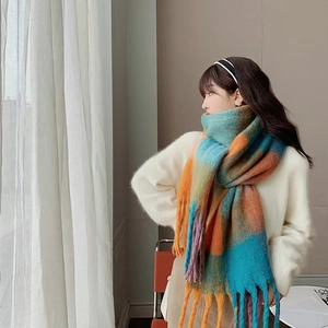 Rainbow striped winter long scarf with tassels in colorful orange and blue check