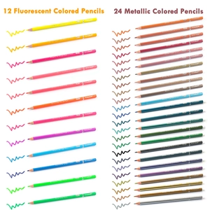 Detailed view of 12 fluorescent and 24 metallic colored pencils with vibrant color swatches