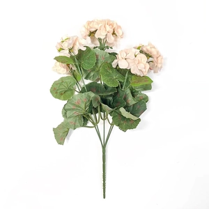 Detailed close-up of light pink artificial geranium with realistic green spotted leaves