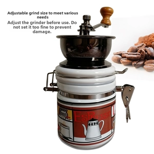 Manual coffee grinder with ceramic espresso jar and vintage illustration on white background
