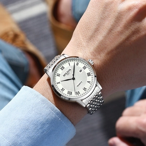Men's business quartz watch with silver steel strap and white roman numeral dial