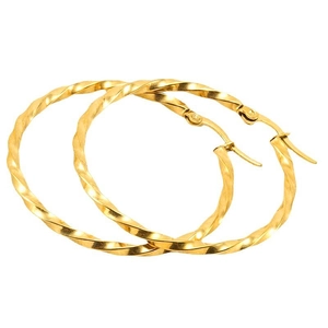 18K gold plated stainless steel hoop earrings with textured wave design on white background