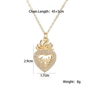Detailed size specifications for gold MOM heart pendant necklace with zircon accents