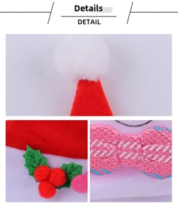 Detail view of plush Christmas hat with holly leaf decoration and pink sequin bow
