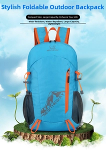 Detail of blue foldable outdoor backpack with orange zippers and breathable mesh side pockets