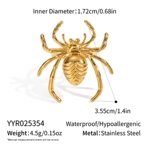 Detailed size chart of a golden spider ring in stainless steel with measurements