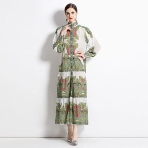 Vintage floral printed long sleeve maxi dress with stand collar and button front