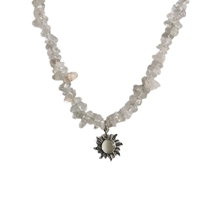 Chic irregular stone sunflower necklace with silver pendant on a white background