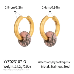 Detail view of gold stainless steel earrings with pink marble stone and size measurements