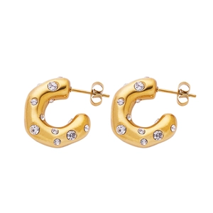 Gold plated C-shaped stainless steel earrings with sparkling inlaid zircon crystals