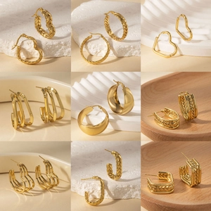 Stainless Steel Gold Plated Hoop Earrings For Women Vintage Geometric Woven Texture Wheat Ear Layered Heart Shaped