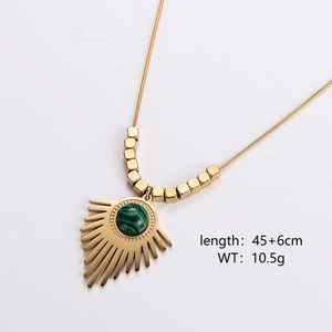 Detail of gold fan-shaped necklace pendant with green stone and length dimensions