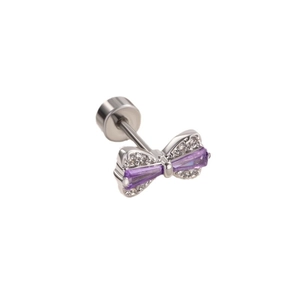 Silver bow stud earring with purple gemstone and zircon inlay on a white background