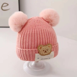 Baby Toddler Knit Hat Winter Warm Beanie Cute Bear Patch Double Pom-pom Windproof Crochet Cap For Kids Infants Boys Girls