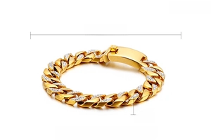 Detail view of 18K gold plated Cuban link bracelet with cubic zirconia and dimensions