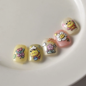 3D-geprägte Cartoon-Biene und Blumen-Nagelaufkleber in Makronenfarben auf Keramikschale