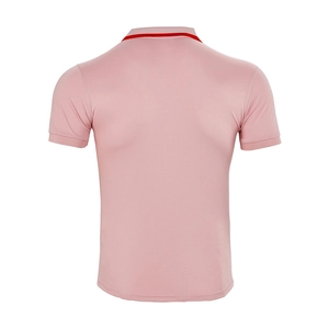 Rear view of pink short-sleeve polo shirt with red striped collar and quick-dry fabric