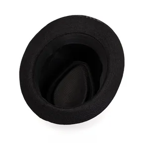 Detail view of the breathable linen mesh interior and black sweatband of the jazz fedora