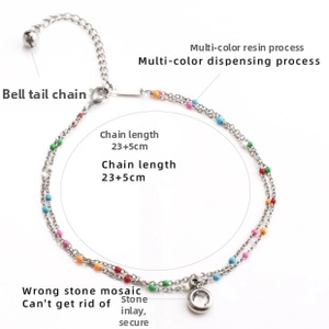Double-layered silver anklet featuring colorful beads and a 23+5cm adjustable chain length