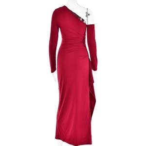 Detailed side view of red one-shoulder long sleeve dress with high slit and ruching