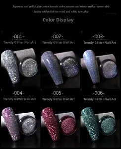 Macro showcase of 6 sparkling glitter nail gel polish shades for professional manicure art