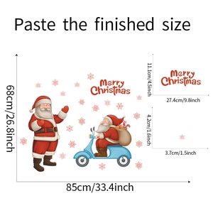 Detailed size guide for Christmas Santa wall stickers showing dimensions for windows and glass