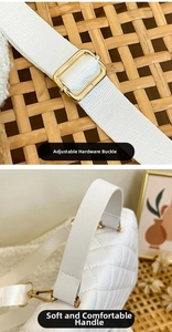 Detail of adjustable metal buckle and soft white leather handle on quilted shoulder bag
