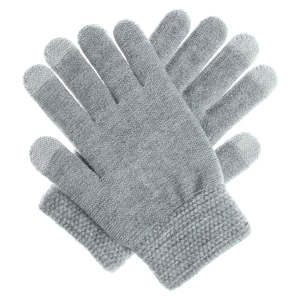 Detail of grey knitted gloves showing fine texture and ribbed cuffs for wind protection