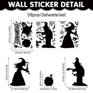 Detailed size chart for 39pcs Halloween witch and bat wall decal set on three sheets