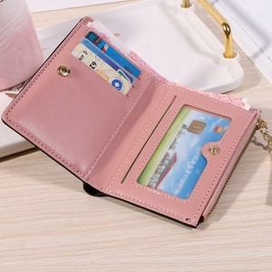 Pink short bifold PU leather wallet for women with card slots and photo window