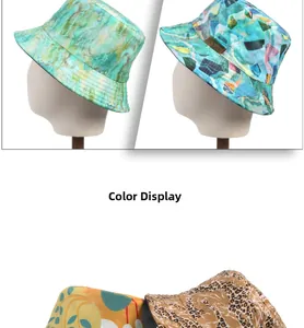 Various bucket hat patterns including tie-dye, floral, leopard, and geometric prints