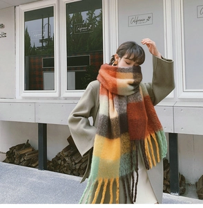 Detail of soft rainbow plaid scarf featuring long chunky tassels and a thick warm fabric