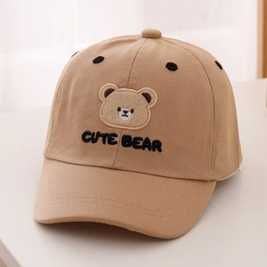 Close-up of cute bear embroidery and 'CUTE BEAR' text on kids baseball cap