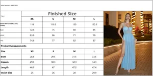 Size chart for blue mesh slip dress with measurements for XS S M and L sizes