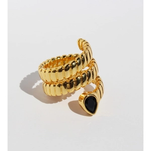 Gold-plated snake wrap ring with textured finish and black teardrop zircon stone