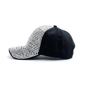 Fashionable black cotton baseball cap with sparkling silver rhinestones on front and brim