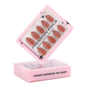 Glossy mocha brown press-on nails in oval shape with elegant pink packaging boxes