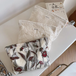 Women Embroidery Makeup Bag Floral Cotton Clutch Purse French Minimalist Zipper Toiletry Storage Organizer Handbag