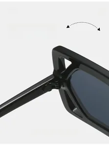 Close-up of durable metal hinge on stylish black square frame sunglasses for women