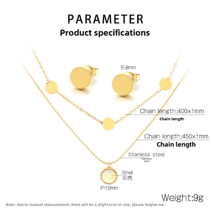 Detail view of gold shell pendant necklaces and round stud earrings with dimensions