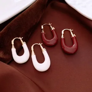 French Retro U-Shaped Hoop Earrings Gold Plated Copper Enamel Vintage Minimalist Geometric Jewelry For Women