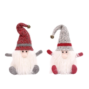 Set of 2 Christmas Gnome plush ornaments in red and grey with knitted hats and bells