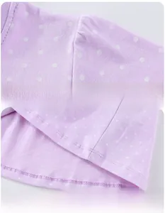 Détails de la robe lilas à pois montrant les finitions soignées des manches et de l'ourlet