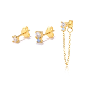 Detailed view of S925 sterling silver earring set with blue zircon and chain tassel detail