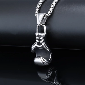 Vintage stainless steel boxing glove pendant necklace with square chain for men in silver